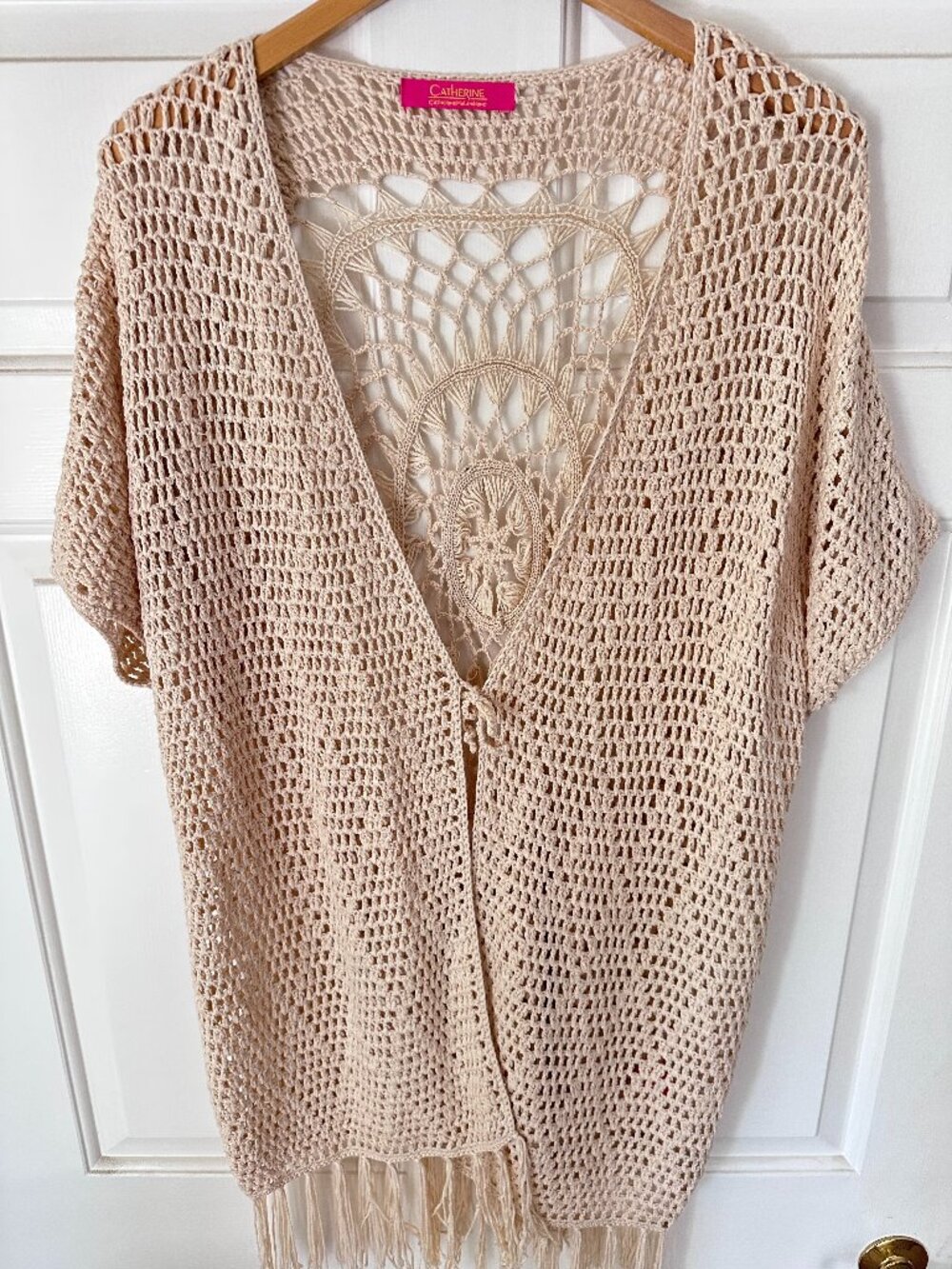 Catherine Malandrino Crochet Kimono Cardigan Boho Open Knit Cream Fringe